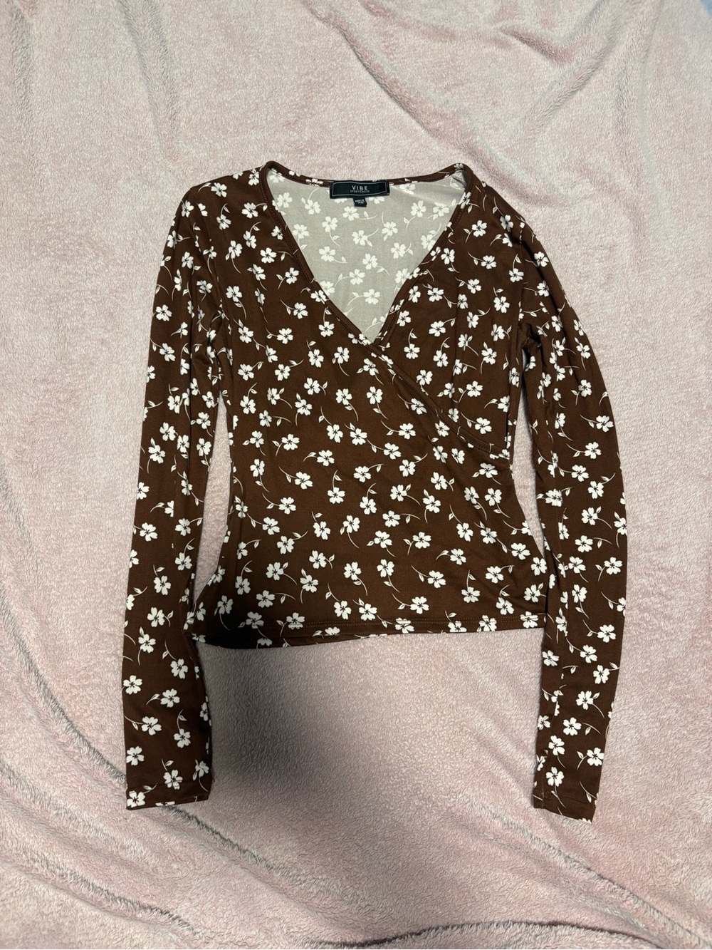 Vibe Brown Floral Wrap-Style Long Sleeve Top
